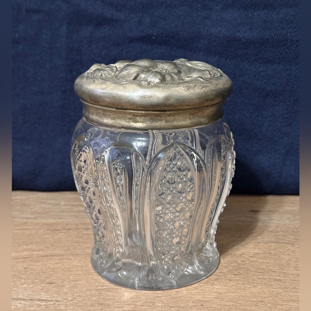 Vintage Clear Pressed Glass biscuit/tobacco Jar with Ornate metal lide